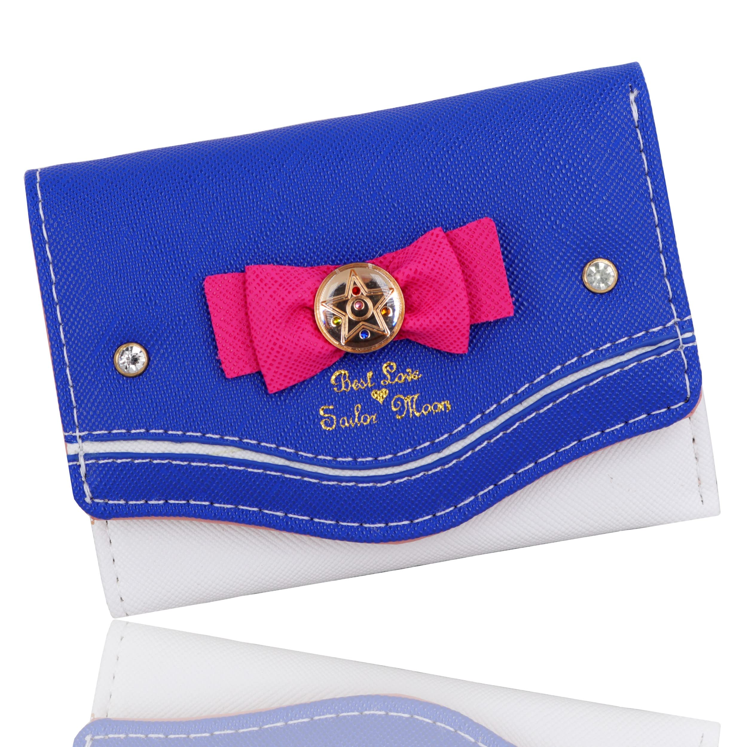 Roffatide Anime Sailor Moon Tri-Fold Wallets for Girls Women Faux Leather Slim Wallet Blue Small Travel Wallet with ID Window