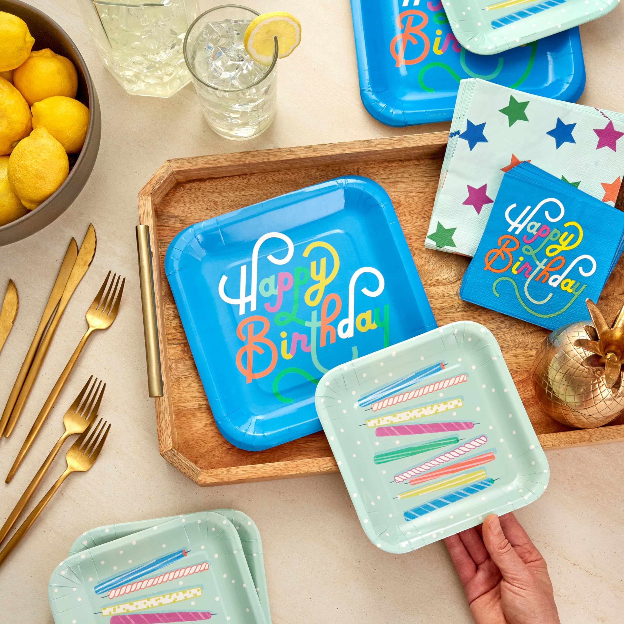 Hallmark Blue and Mint Green Birthday Party Supplies (16 Square Dinner Plates, 16 Square Dessert Plates, 16 Beverage Napkins, 16 Dinner Napkins) Stars and Candles