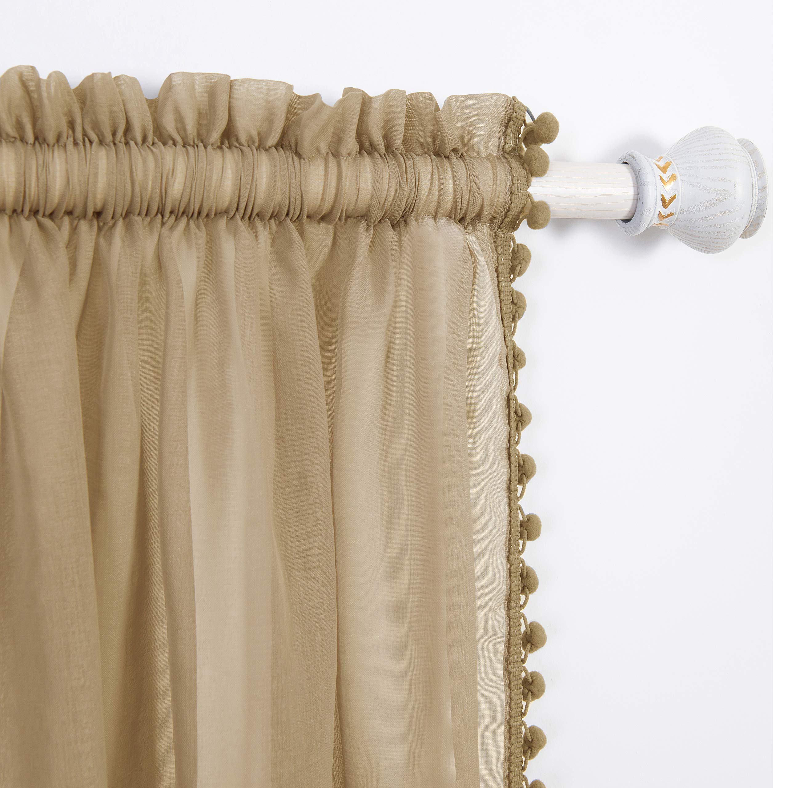 Elegant Comfort Semi-Sheer Pom Pom Tassels Curtains - 2 Panels Set - with 2inch Rod Pocket - Solid Sheer Curtain Drapes for Living Room, Bedroom, W60 X L84, Tan