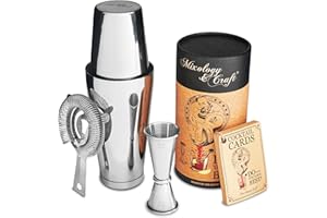 MIXOLOGY & CRAFT Mixology Cocktail Shaker Boston Shaker Set Professional Weighted Martini Shakers, Strainer and Japanese Jigger, Portable Bar Set for Drink Mixer Bartending, Exclusive Recipes Cards (Silver)