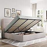 Allewie King Size Lift Up Storage Bed, Modern Wingback Headboard, Hydraulic Support, No Box Spring Needed, Light Beige