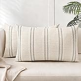 AELS 12x20 Decorative Farmhouse Linen Blend Throw Pillow Covers, Boho Textured Pillow Case, Set of 2, Beige with White & Gray Stripes Cushion Cover for Sofa Living Room (Cover ONLY)
