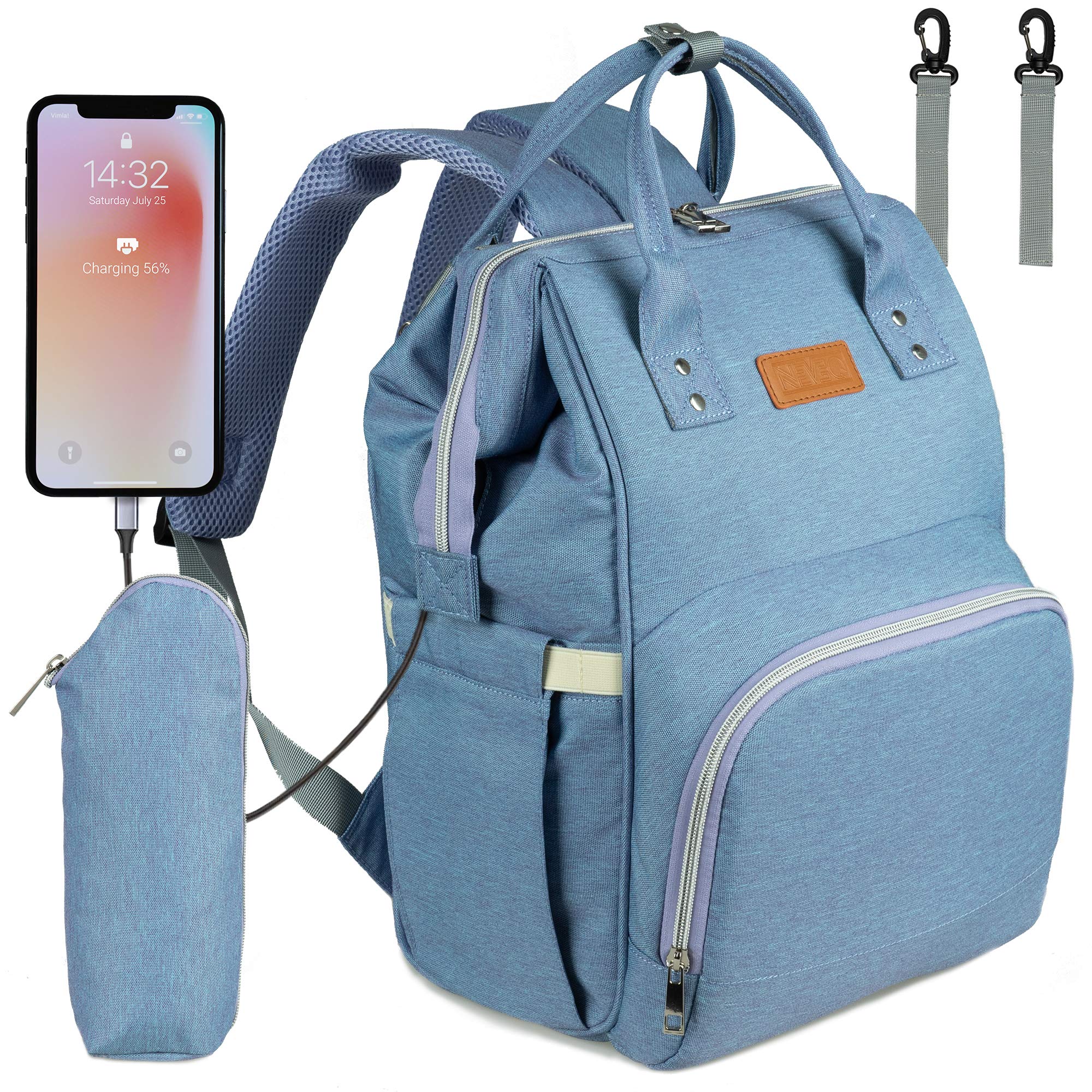 NEVEQ Baby Changing Backpack, Multi-Function Travel Diaper Bag Nappy Backpack with USB, Large Capacity, Stroller Straps, and Multiple Functionalities (Light Purple)