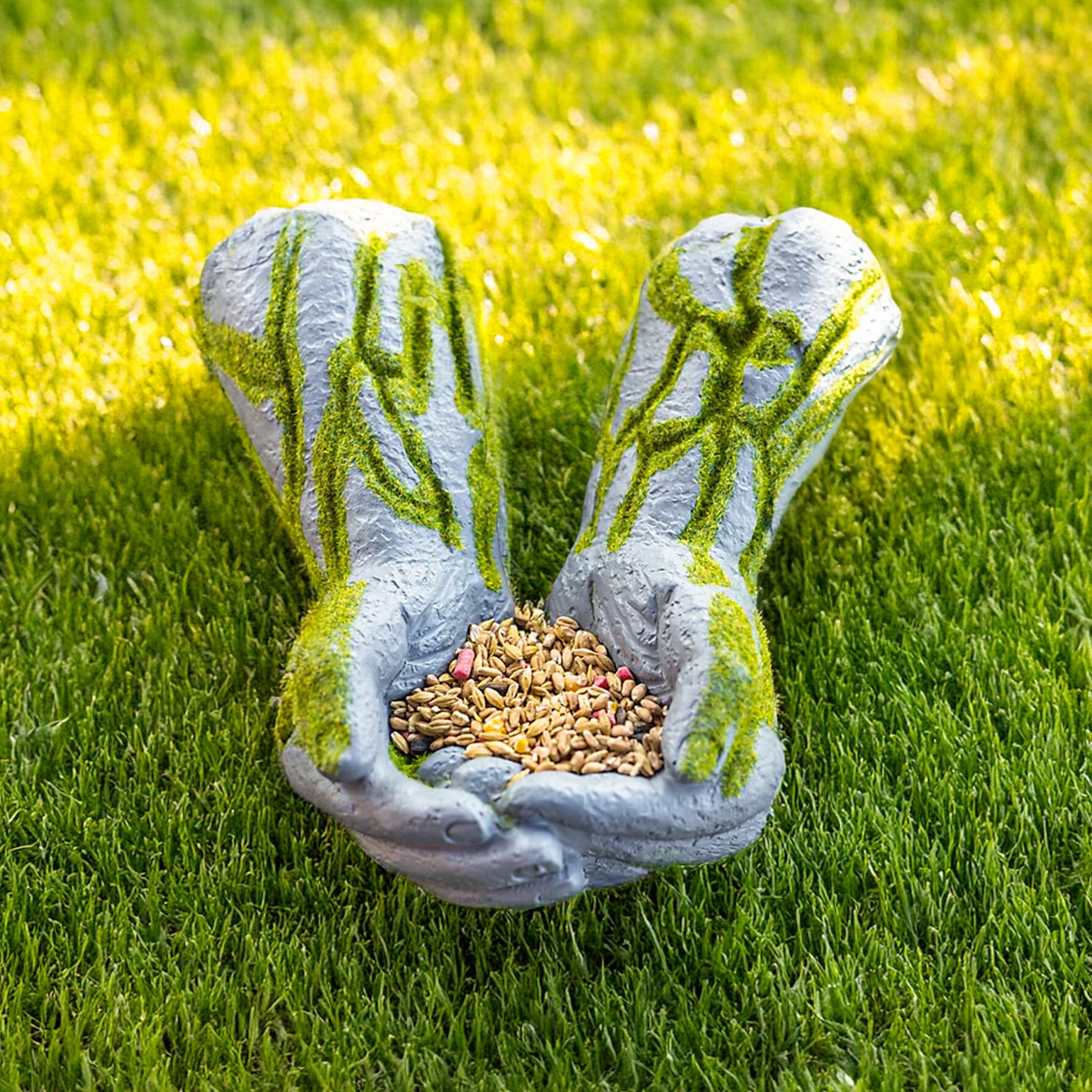 Garden Mile Open Hands Bird Feeder Seed Peanut - Resin Ornament Feeding Station, Heavy Duty Tree Mounted Rustic Grass Cupped Hands Sculpture for Outdoor Sculpture - Ideal Gardening Gifts
