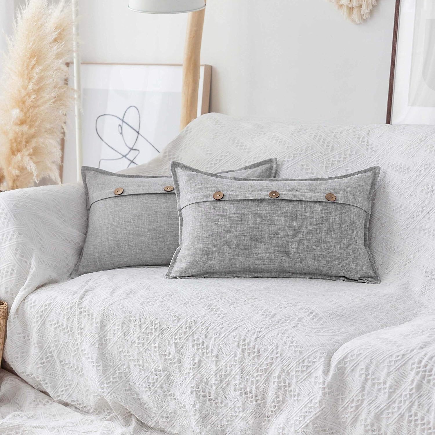 Home Brilliant Linen Gray Burlap Throw Pillow Covers Button Decorative 2 Pcs Cushion Covers for Sofa, 18x18 inch,45x45cm, Dark Grey: Home & Kitchen