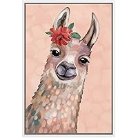 SIGNWIN Framed Canvas Wall Art Cute Nursery Baby Llama with Red Flower Animals Wildlife Oil Painting Modern Art Contemporary Portrait Fun Pastel for Living Room, Bedroom, Office - 16