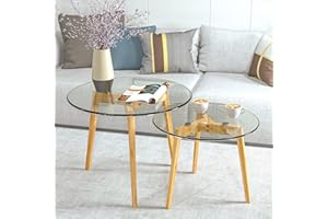 Bambloom Glass Coffee Table, Round Clear Nesting Tables Set of 2, Transparent Modern Accent Living Room Side Table End for Home Office Apartment Sofa, Easy Assembly