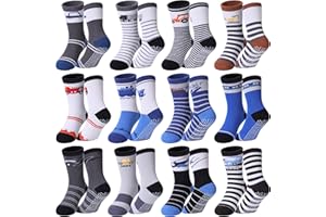 DOSKONI Toddlers Boys Non Slip Grip Socks Crew Cotton Socks with Grippers - 12 Pairs