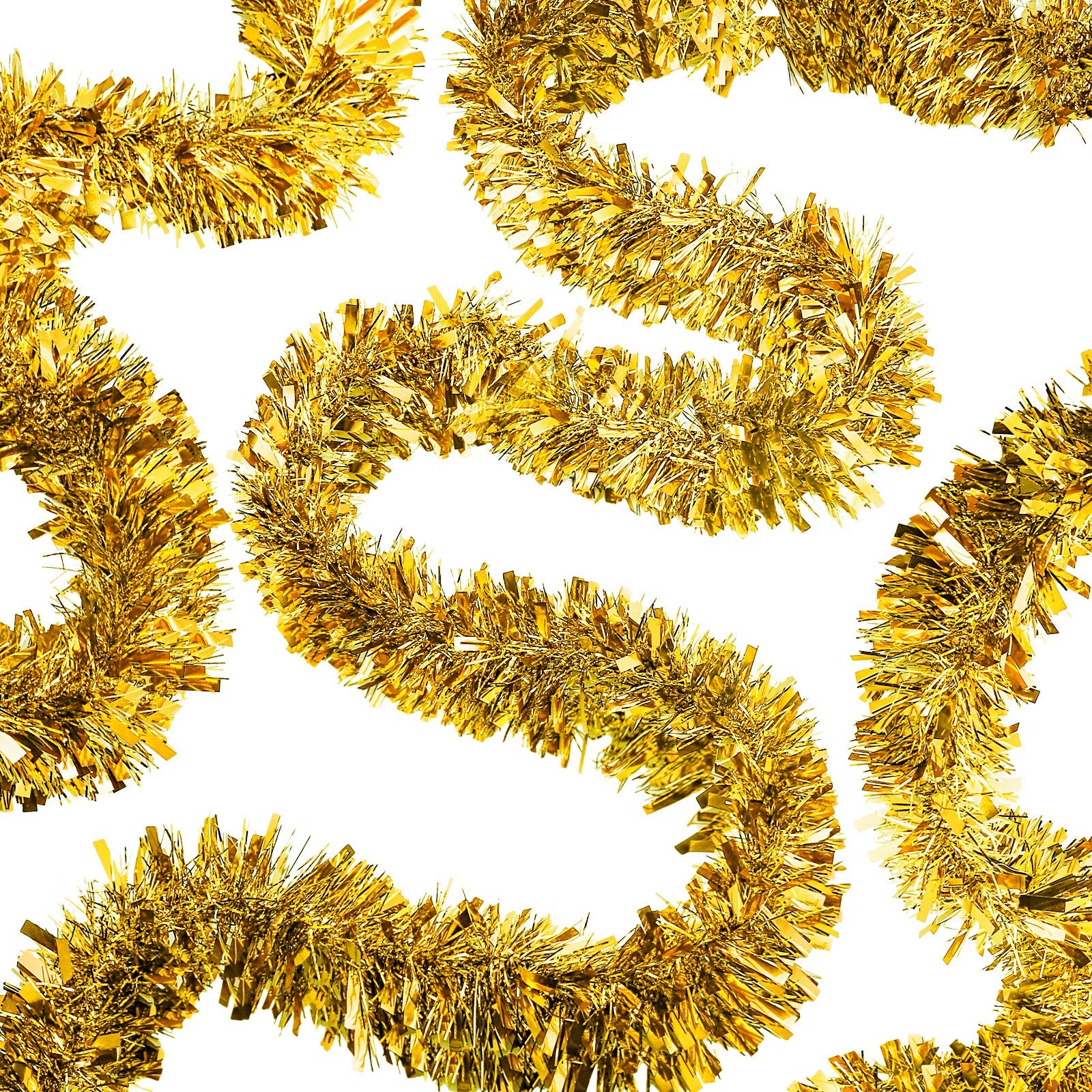 WILLBOND 50 Feet in 1 Piece Christmas Tinsel Garland Metallic Tinsel Twist Garland Christmas Tree Decorations Birthday Wedding New Year Hanging Decorations Party Supplies 3 Inch (Gold)