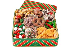 Bonnie and Pop's Holiday Tin- with Assorted Christmas Chocolate, Cookies, Pretzels – Festive, Corporate, Family, Gift Basket Idea for Men and Women (Extra Large)