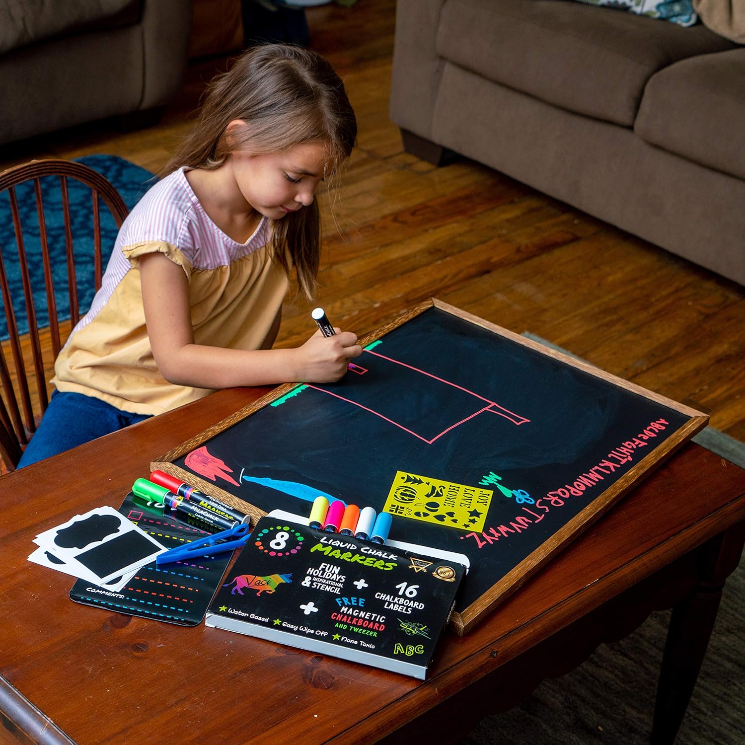 Chalk Markers by Vaci, Pack of 8 + Magnetic Chalkboard + Drawing Stencils + 16 Labels, Premium Liquid Chalkboard Neon Pens, Bullet or Chisel Reversible Tips : Office Products