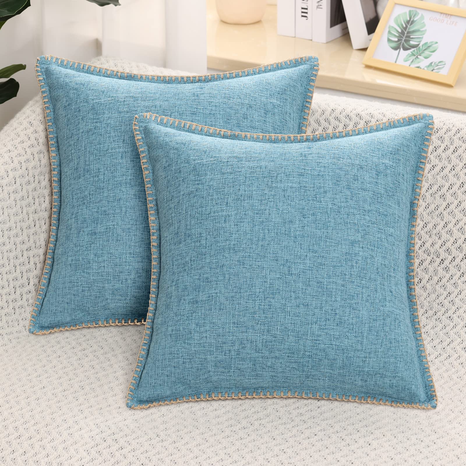 decorUhome Set of 2 Linen Cushion Covers 65X65cm,Decorative Outdoor Plain Vintage Cushion Covers with Stitched Edges, large Square Farmhouse Neutral Pillow case 26x26 Inch for Sofa, Blue