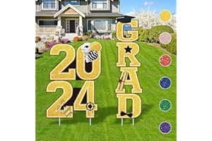 WNTEPLE Graduation Yard Sign Class of 2024 Decorations - "2024 GRAD", 4 Pcs Large Size Gold Black Glittering Waterproof Congrats Grad Lawn Signs with Stakes for Outdoor Decor, High School College Graduation Party Supplies