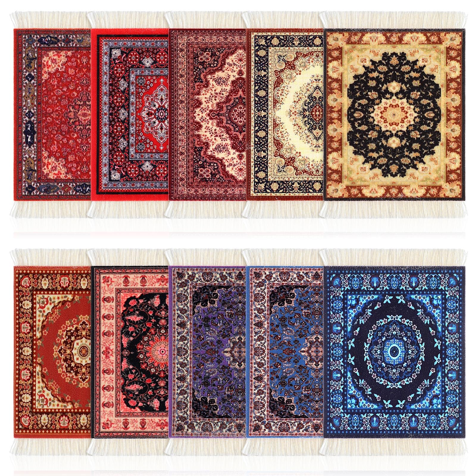 Preboun 10 Pieces Rug Table Coasters Oriental Table Drink Holders Tassel Carpet Coasters Oriental Design Fabric Carpet Drink Mats for Coffee Table Desk Mug Cup Kitchen Bar Decor, 10 Mix Colors