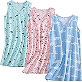 PNAEONG 3 Pack Womens Cotton Nightgown V Neck Nightshirts Sleeveless Sleepwear Casual Print Sleepdress