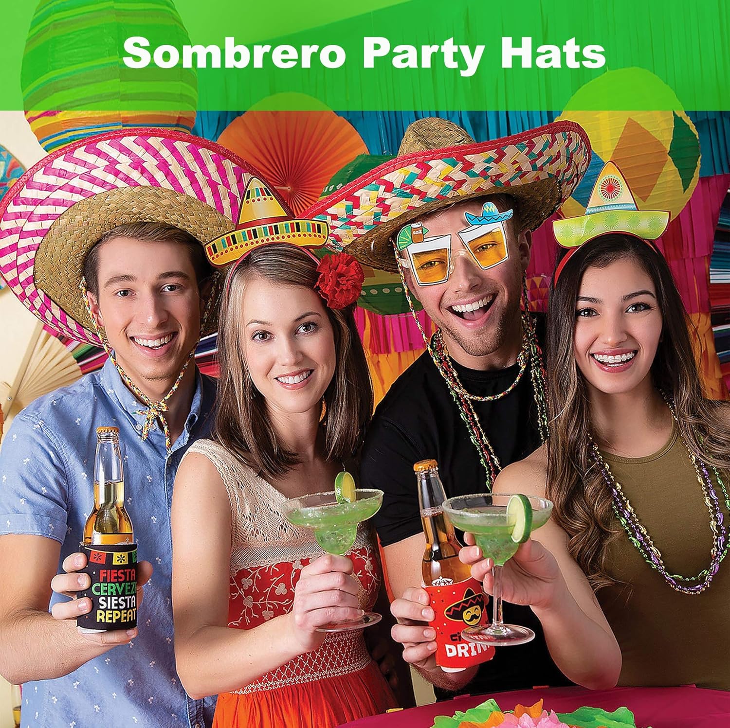 4 Sombrero Party Hats for Adults [4 Pack] With Chinstrap - for Fiesta Cinco De Mayo Party Supplies, Adult Mexican Serape Mariachi Costume Mexican Straw Sombrero Hat, Taco Tuesday, by 4E's Novelty: Clothing
