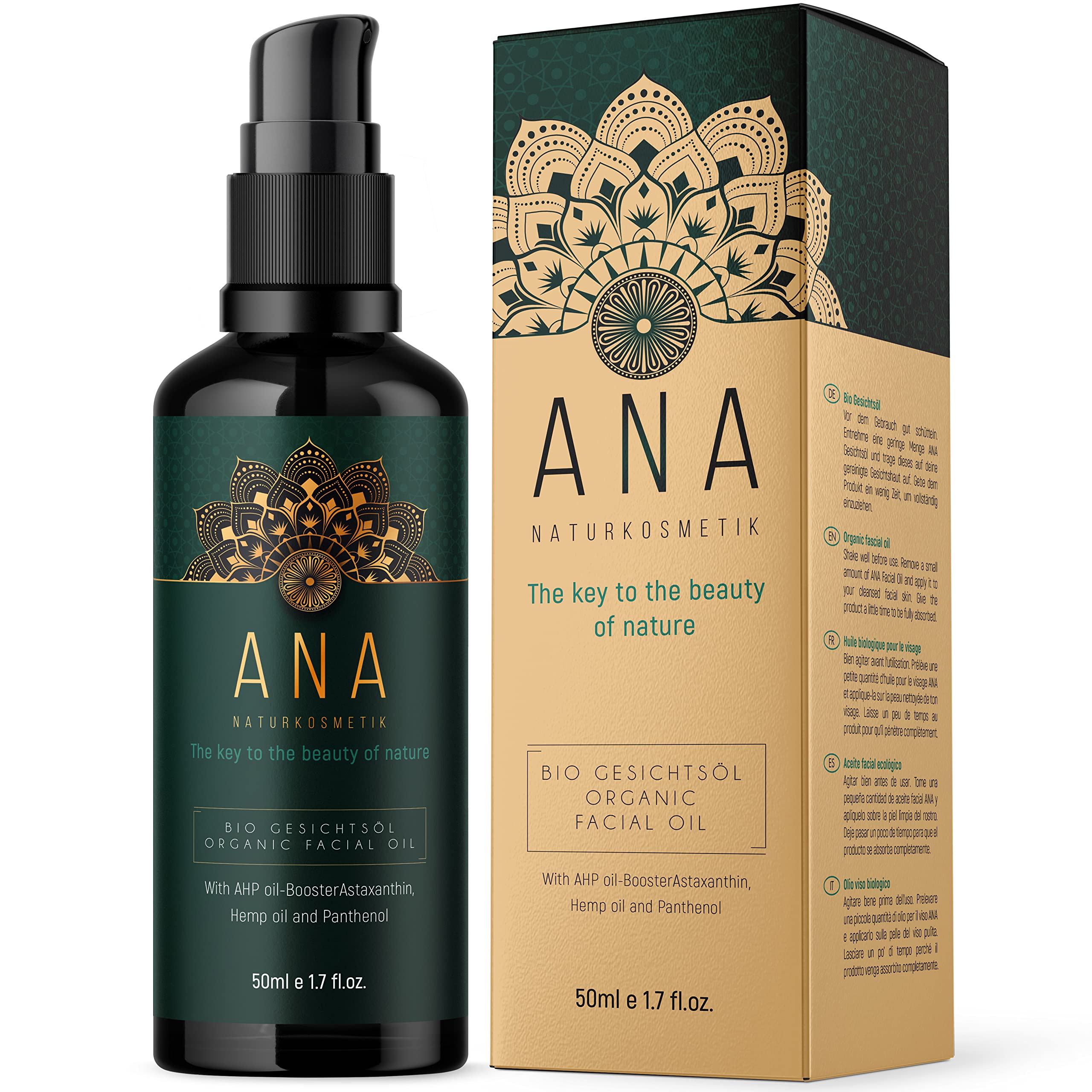 Organic Face Oil Vegan + Cold Pressed - 100% Pure & Natural - Anti-Ageing with AHP Oil Booster Complex - 50 ml Light Protection Glass - Moisturising Care for Soft Skin - ANA Natural Cosmetics
