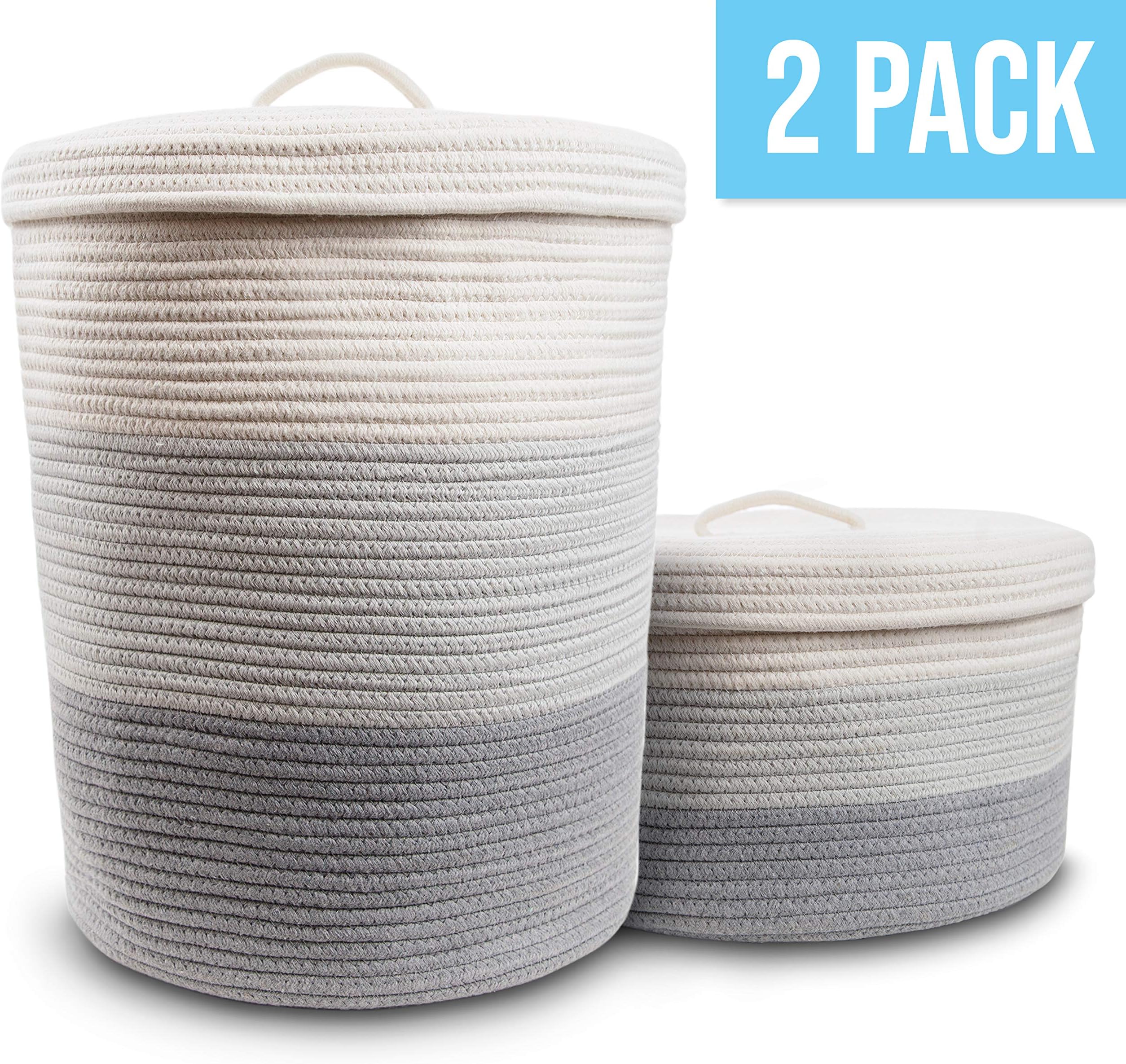Cotton Rope Basket Set of 2 with Handles - Large Blanket Basket and Small Woven Basket for Toy Storage, Laundry Basket, Dog Toy Basket, Shoe Storage Baskets, Short and Tall Round Basket for Blankets