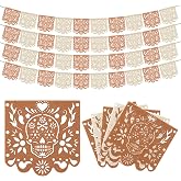 Dia De Los Muertos Decorations 4 Pcs Felt White Brown Papel Picado 40 Feet | Mexican Party Hanging Banner Day of the Dead Altar Ofrenda Decoration for Mexicano para Fiesta Halloween Decor
