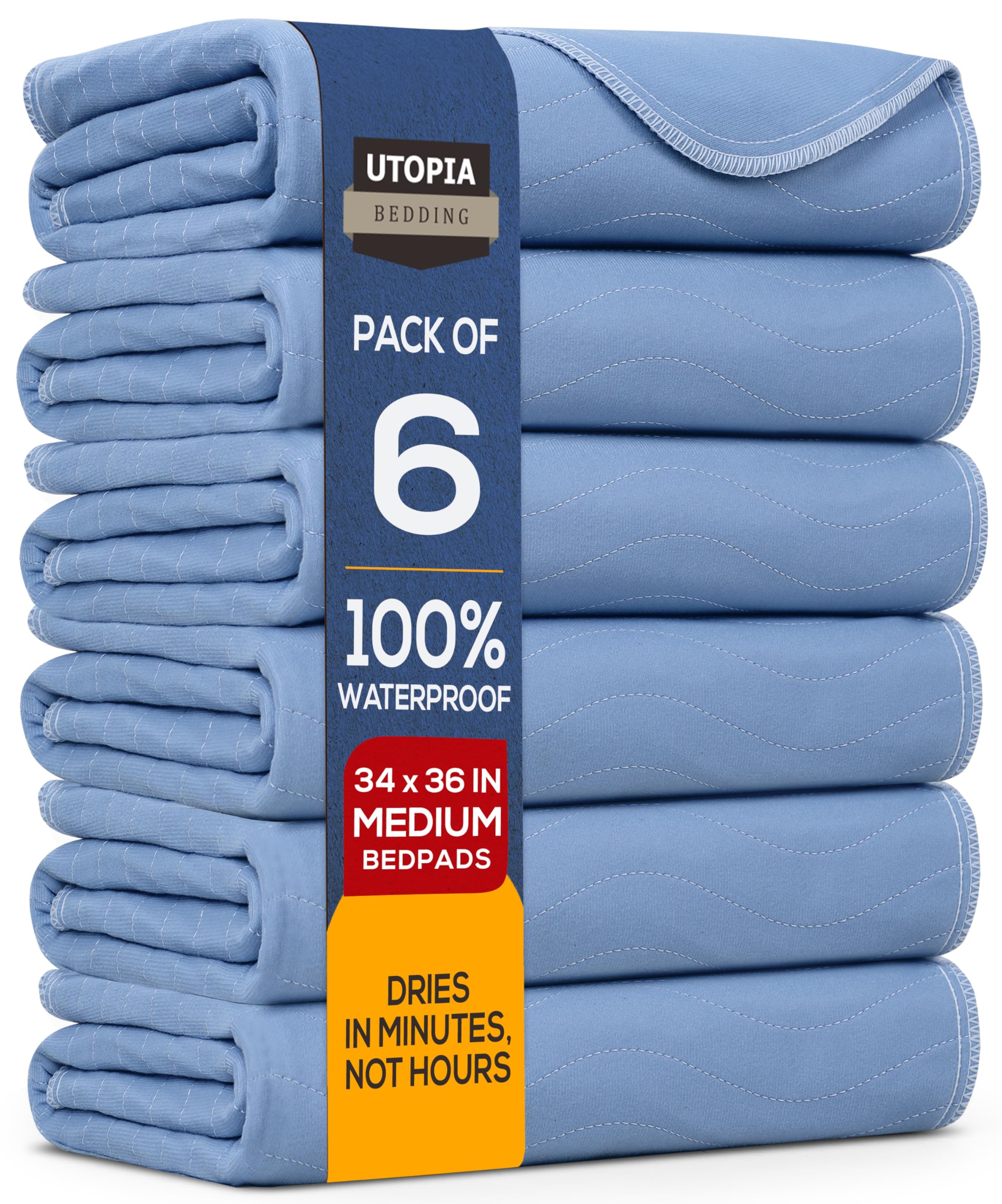 Utopia Bedding Waterproof Incontinence Bed Pads 34 x 36 Inches (Pack of 6, Blue), Washable and Reusable Underpads for Adults, Elderly and Pets, Absorbent Protective Pads Image