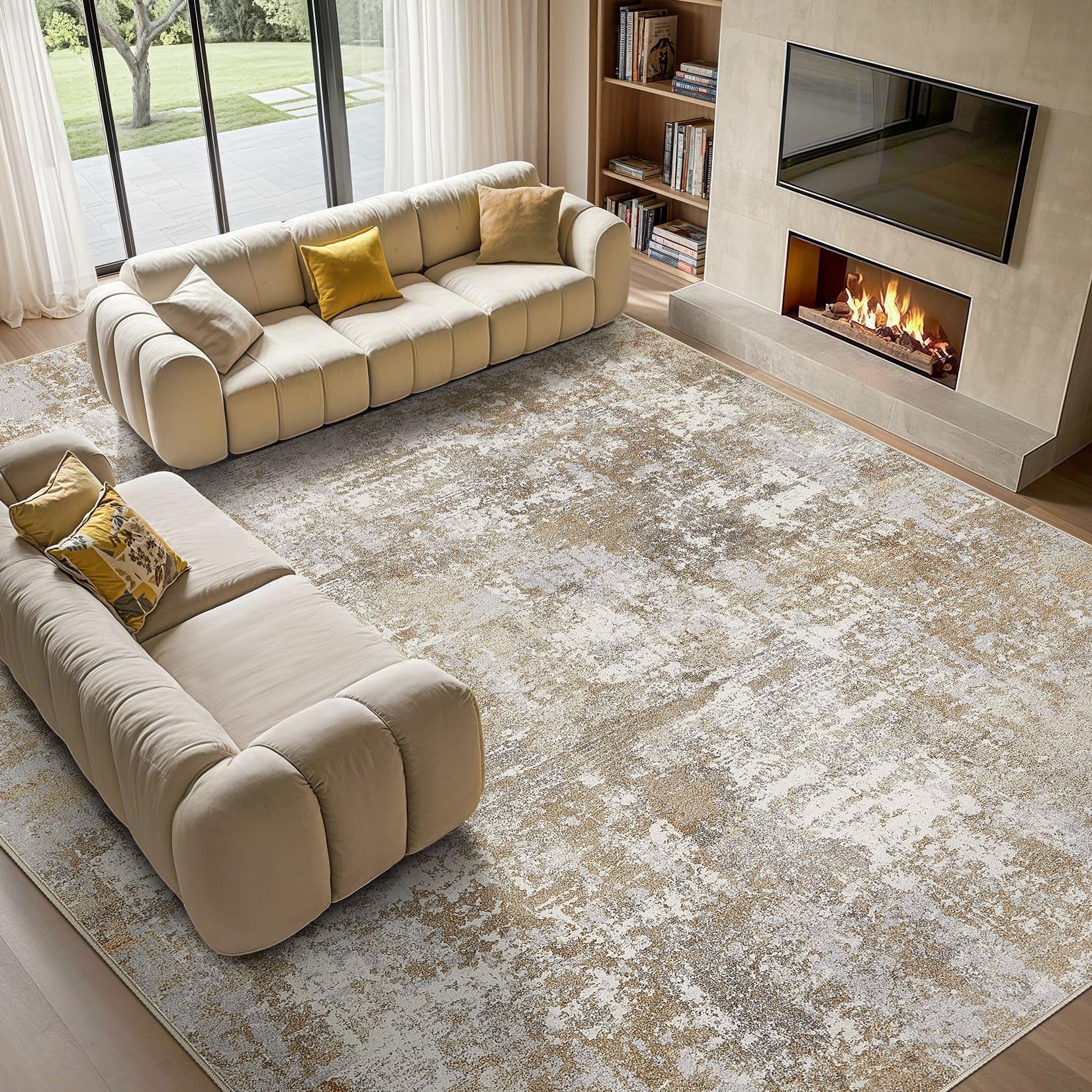Photo 1 of Tortania Washable 9x12 Area Rug for Living Room: Modern Abstract Neutral Large Soft Thin Rugs - Non Slip Indoor Carpet for Bedroom Dining Room Office Nursery Home Floor Decoration - Brown Grey