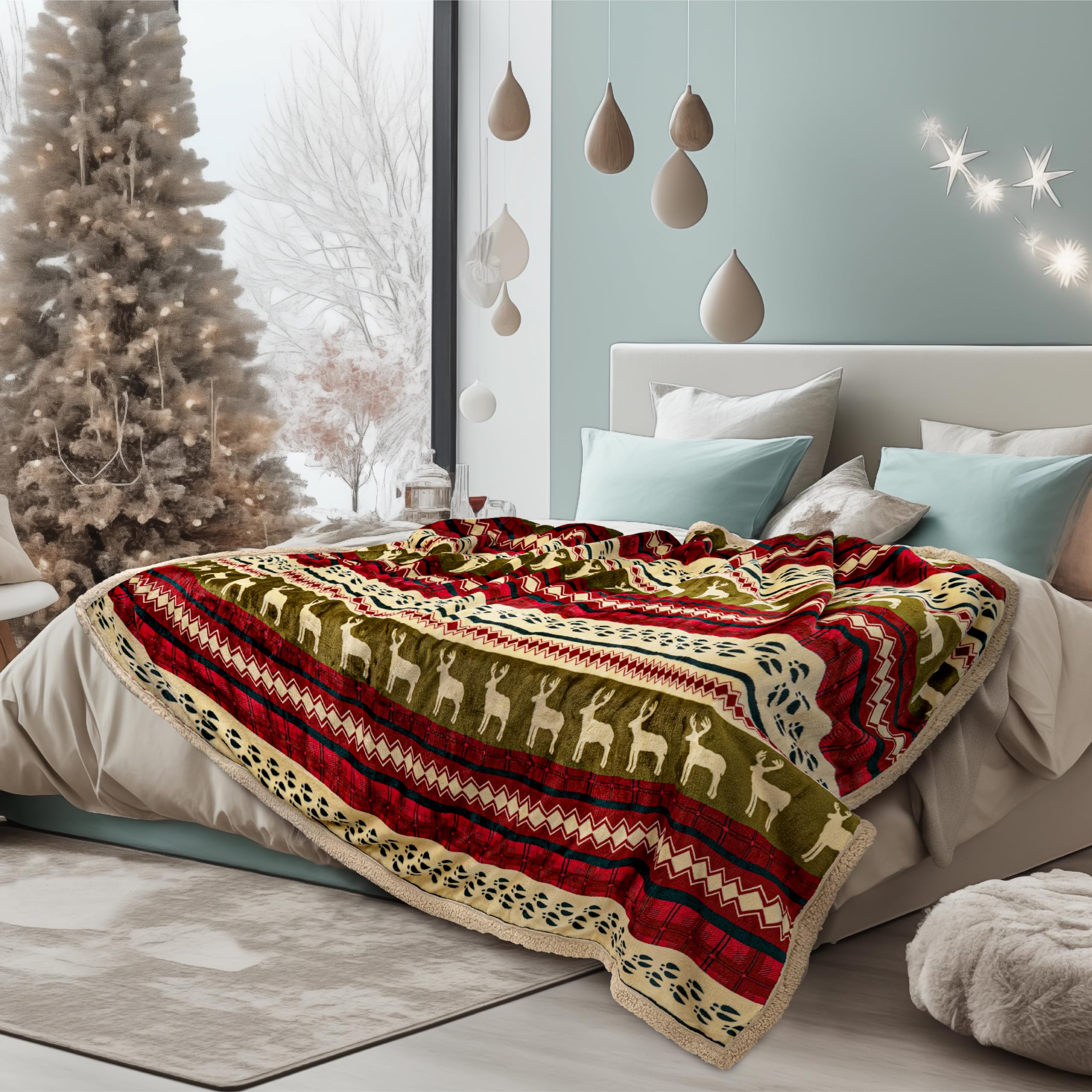 Photo 1 of PAVILIA Christmas Sherpa Blanket Throw King Bed| Red Flannel Fleece Christmas Decoration Blanket| Plush, Warm, Soft Cozy Reversible Winter Holiday Blanket 90x108
