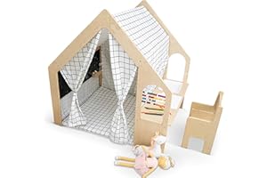 Avenlur Flair Montessori Style Wooden 5 in 1 Indoor Playhouse Play Tent with Desk Table, Chair, Chalkboard, Floor Cushion and Curtain Shades for Babies, Toddlers, Kids (Large, Windowpane)