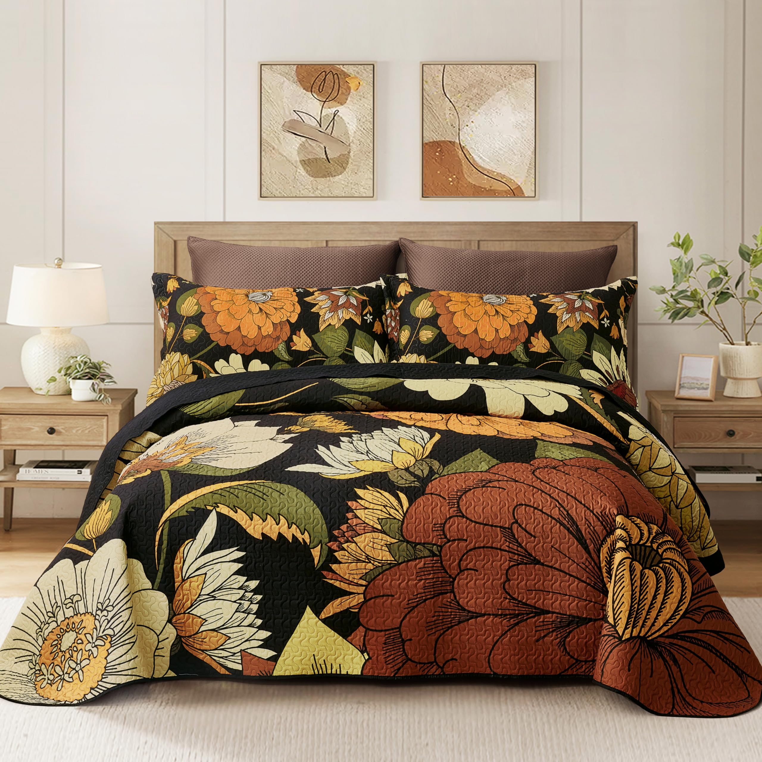 Tyrot 2 Piece Black Boho Floral Twin Size Quilt Sets Farmhouse Botanical Reversible Lightweight Bedspread Coverlet with 1 Sham Mid Century Microfiber Bedding Quilts Set for All Season, 68''x86'' Image