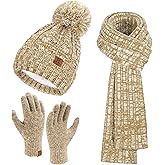 Womens Winter Warm Beanie Hat Touchscreen Gloves Long Scarf Set Rib Cable Knit Fleece Lined Skull Pom Caps