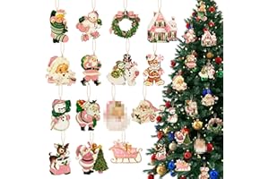 BkeeCten Vintage Christmas Hanging Ornament - 45pcs Vintage Pink Christmas Wooden Hanging Ornament Victorian Santa Claus Snowman Elk Gingerbread Wood Ornament Winter Xmas New Year Tree Hanging Decor