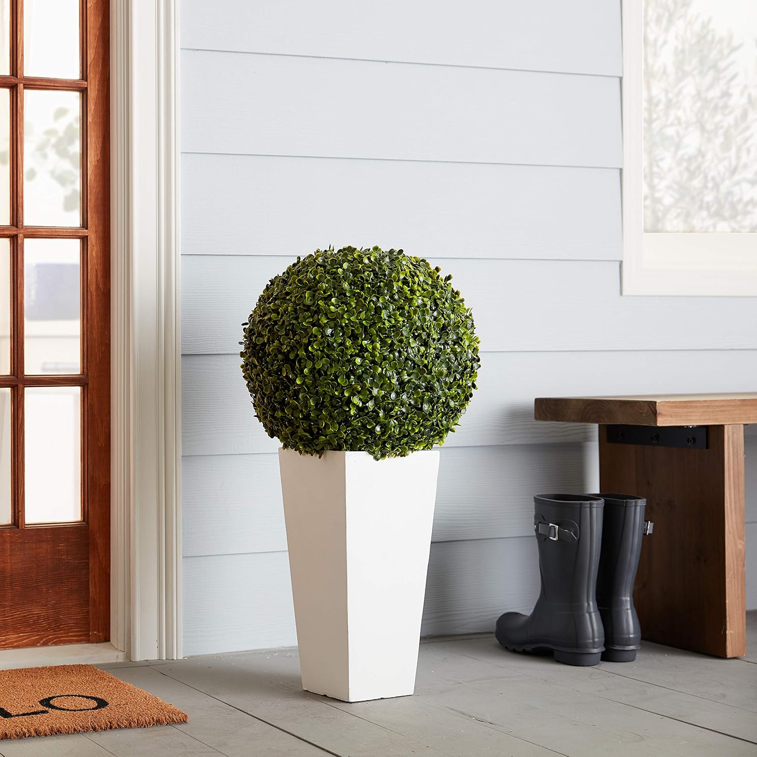 Nearly Natural 6404 Artificial Plant (Indoor/Outdoor) 28â€ Boxwood Topiary Ball in White Tower Planter, Green, 15"Dx15"Wx28"H -