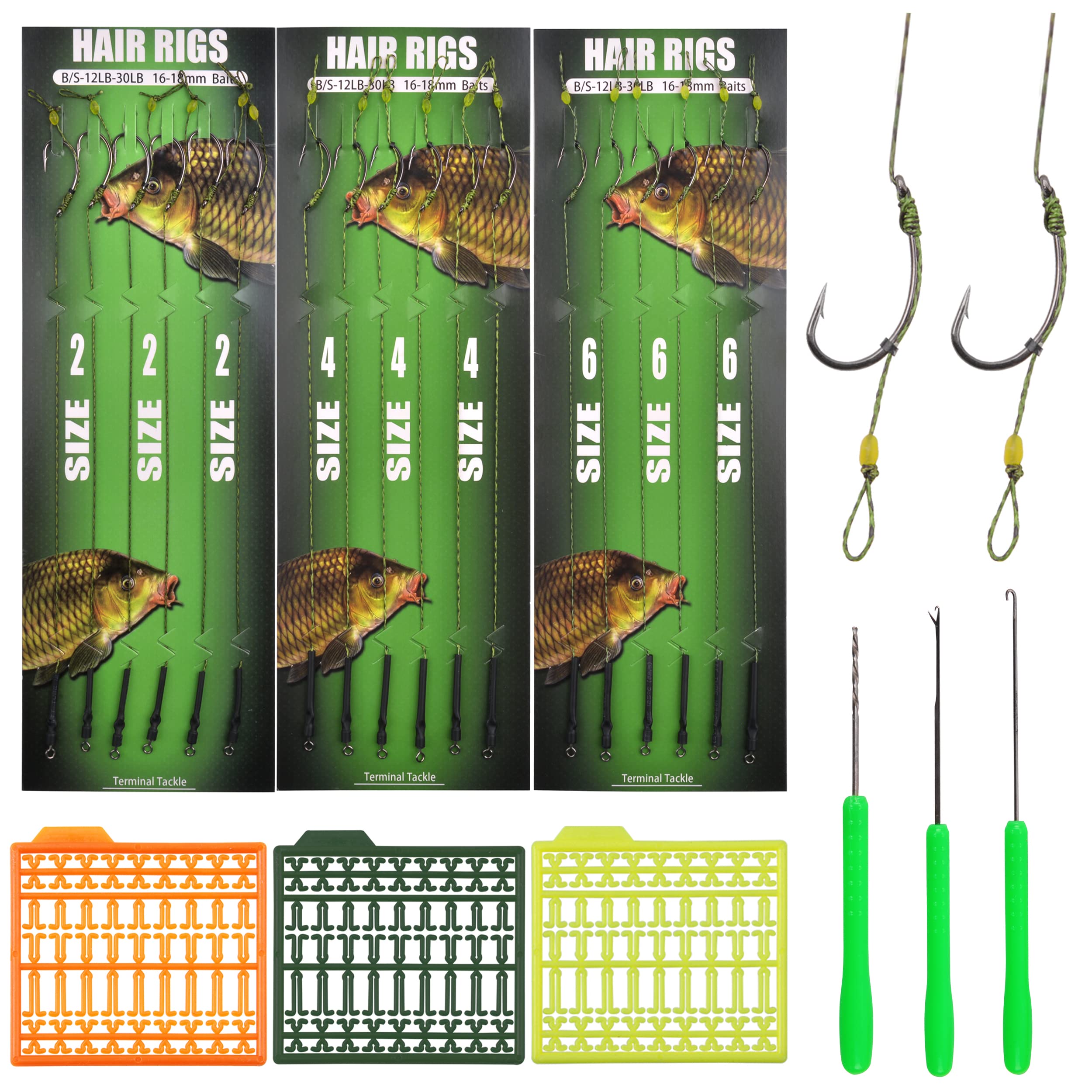 Carp Fishing Hair Rigs - 24Pcs High Carbon Steel Carp Hook Rolling Swivel Boilies Fishing Rigs with Braided Thread Line Bait Needle Tools Carp Fishing Accessories(curved shank hook 8245)