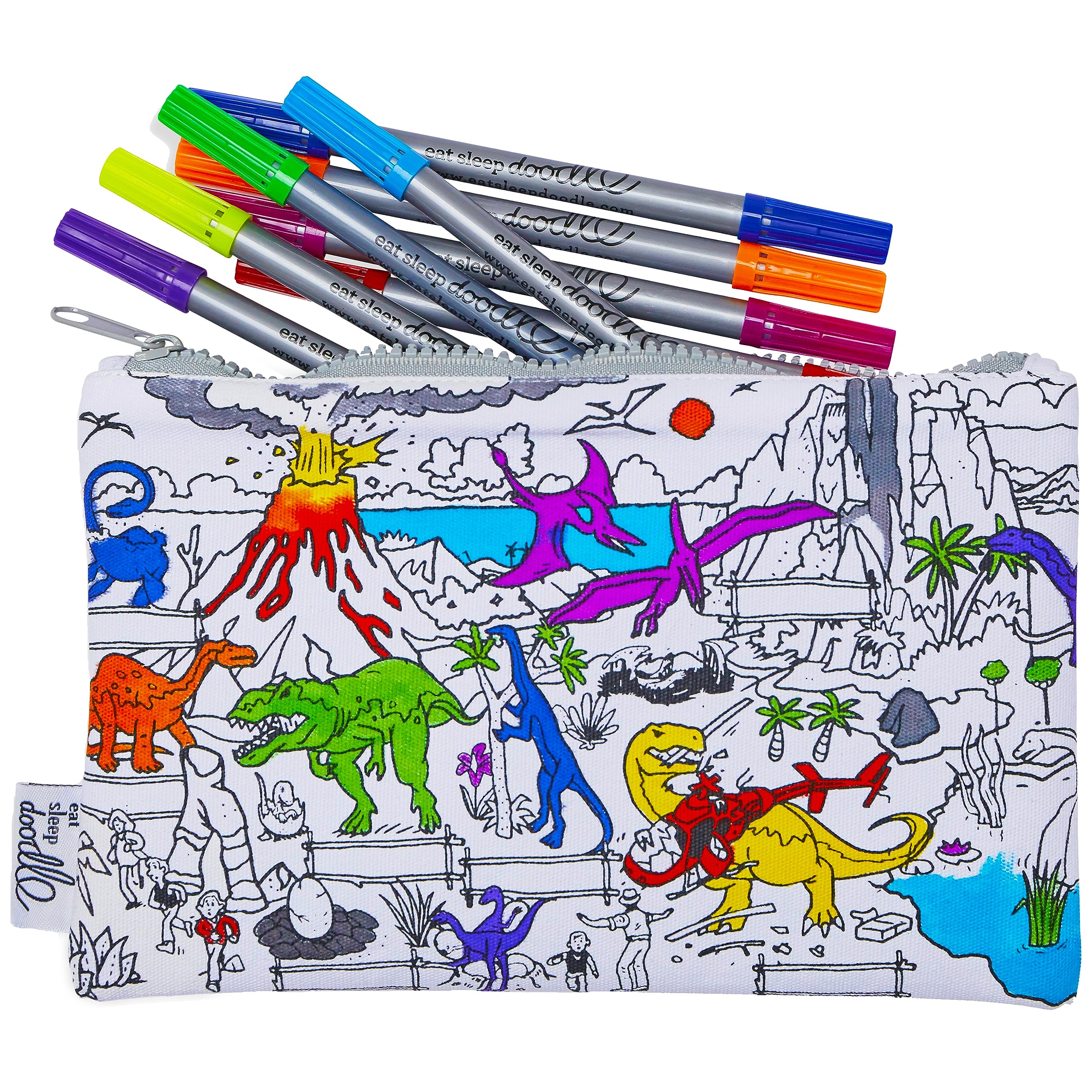 eatsleepdoodle Dinosaur Colouring Pencil Case with 10pk Washable Markers for Kids - 22x14cm Dinosaur Colouring Pencil Pouch for Kids — image 1