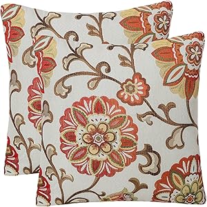 Pack of 2 Simpledecor Throw Pillow Covers Decorative Pillow Cases, 20X20 Inches, Jacquard Floral Pattern, Red Brown Cream