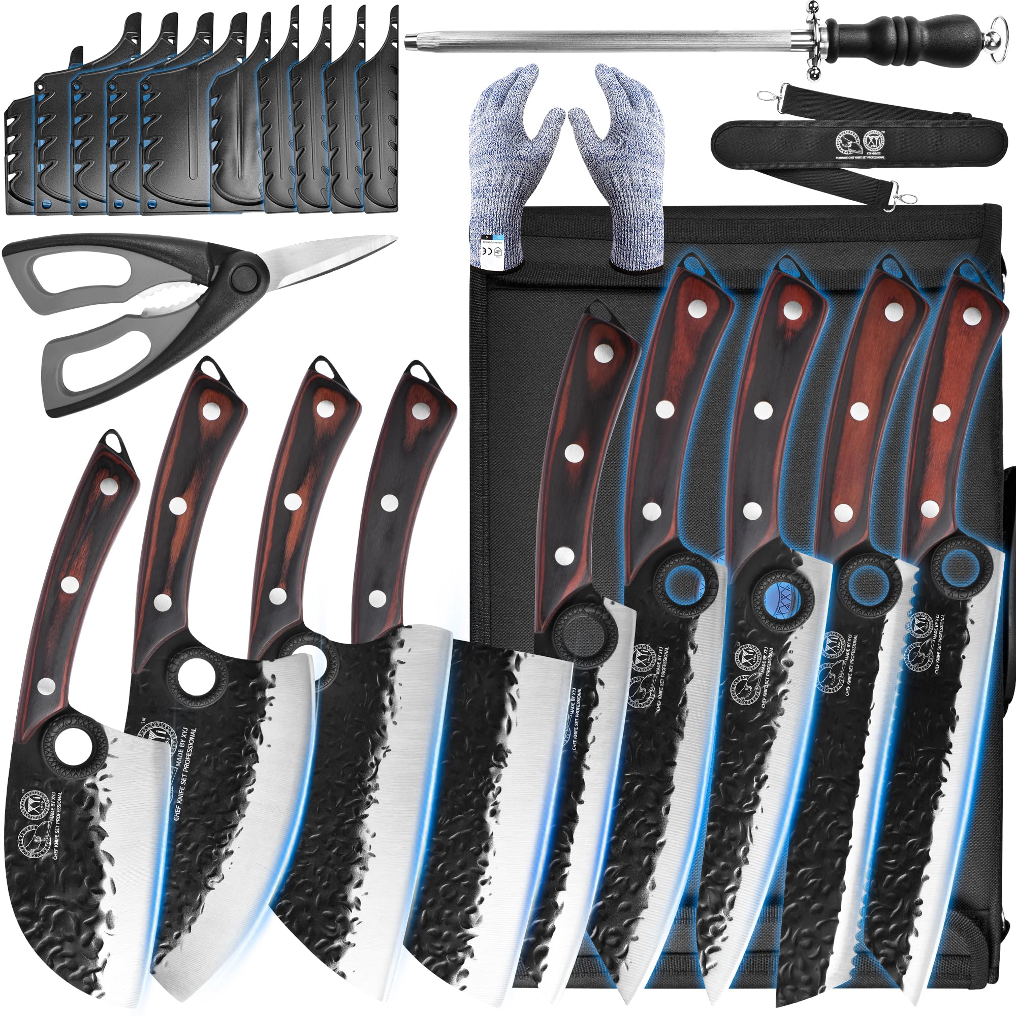 Photo 1 of XYJ Professional Serbian Chef Knife Set with Roll Bag, Japanese Culinary Knives, Meat Cleaver, Kitchen Chopping Knife, and Protective Sleeves, Perfect for Home Cooking or Outdoor Camping (13)
