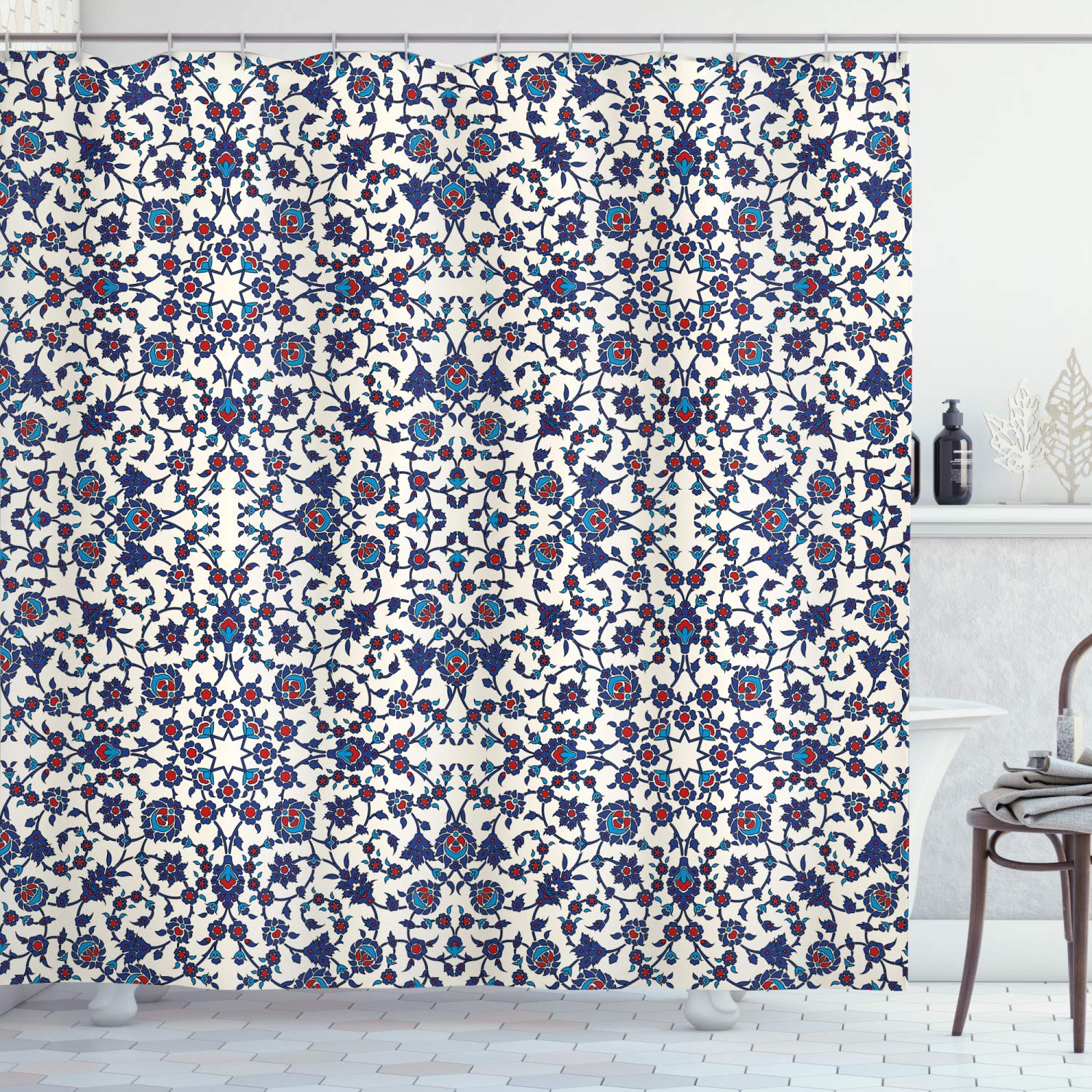 ABAKUHAUS Orient Shower Curtain, Moroccan Floral Pattern Victorian Rococo Baroque Design, Cloth Fabric Bathroom Decor Set with Hooks, 70 Inches, Vermilion Indigo