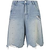 LuminBlaze Unisex Jorts Baggy Denim Shorts Rhinestone Ripped Frayed Hem Mid-Low Rise Bermuda Streetwear Y2K