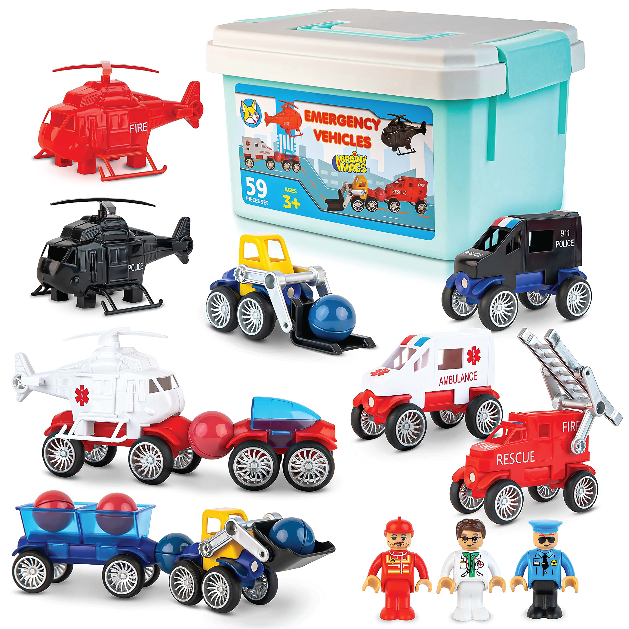 Photo 1 of PLAY BRAINY Magnetic Emergency Vehicle Toy Set - 59Pcs Rescue Team & Car Toys for 3+ Year Old Boys & Girls for Safety & Disaster Management - Kids Toy Set with Fire Truck, Ambulance, Helicopter & More