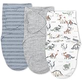 SwaddleMe by Ingenuity Monogram Collection Baby Swaddle Blanket, Dino Mite | 100% Cotton, Improves Sleep &amp; Calms Startle Reflex, 0-3 Months (7-14 lbs), Fold Design for Easy Changes, 1.0 TOG, 3-Pack