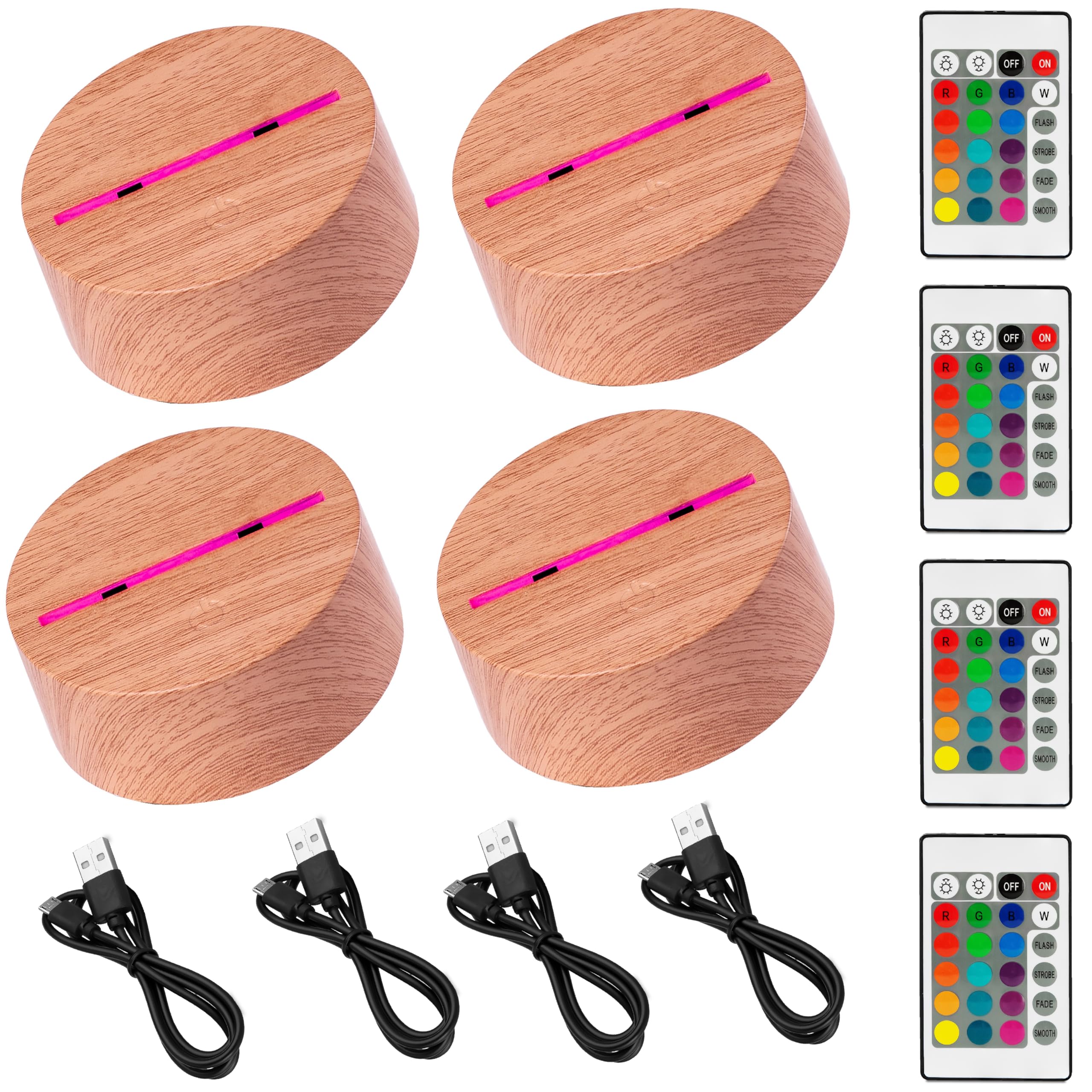 4 x 3D LED Light Base Night Light Lamp Base in Wood Look as Replacement or Build Yourself Includes Remote Control USB Cable 3D Illusion Lamp 7 Colours as Decorative Light Base for Maker (4 Wood Look)