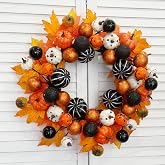 TOKCARE 22 Inch Halloween Wreath for Front Door with Pumpkins and Ornaments | Large black and orange fall door wreath for indoor wall, window, party and trick-or-treat decor