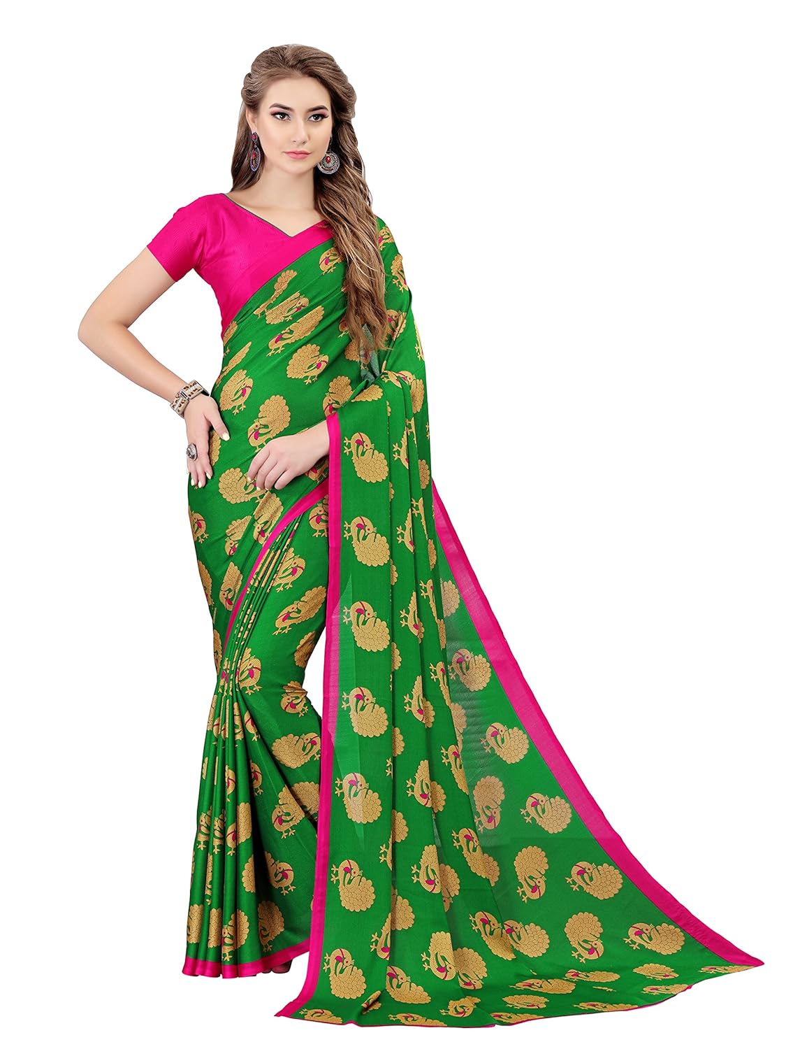 indira designer crepe saree with blouse piece (twin-jannu-green_green_free size)