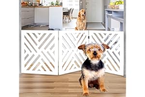 Bundaloo Freestanding Dog Gate Expandable Decorative Wooden Fence for Small to Medium Pet Dogs, Barrier for Stairs, Doorways, & Hallways (Lattice - White)