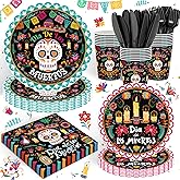 120PCS Day of The Dead Party Supplies Dia De Los Muertos Themd Party Decoration for Halloween Mexican Fiesta Skull Birthday Party Tableware Set Plates Napkin Cups Set for 20 Guests
