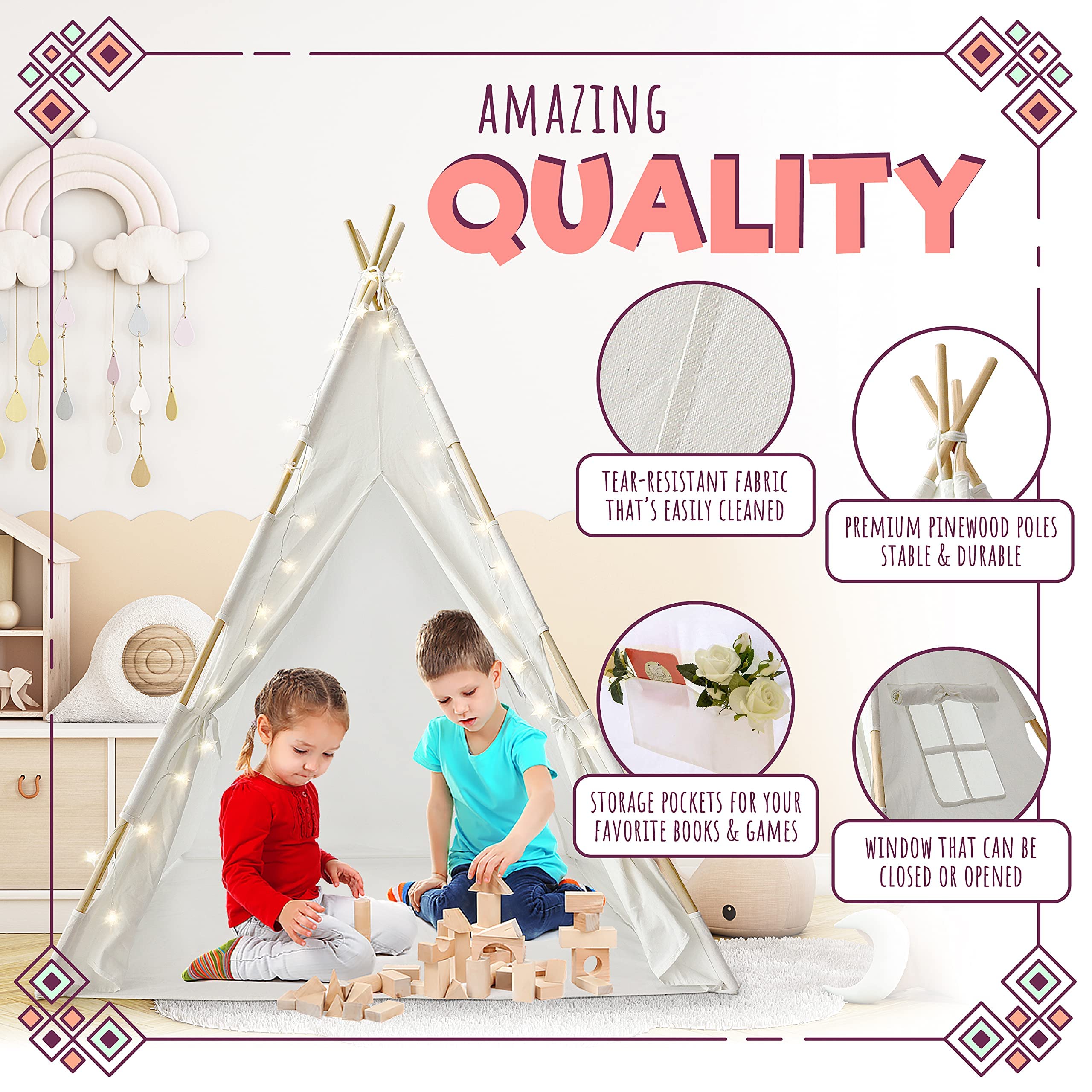 Orian Toys Teepee Tent for Kids: Child’s Indoor Outdoor Canvas Fairytale Tipi Playroom, LED Star Lights, Easy Assembly, 59 by 45 Inches, Ages 3+