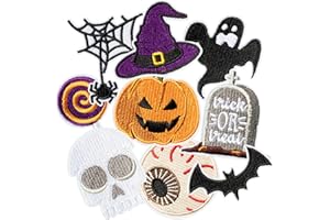 KIRAKO 9 Pcs Halloween Iron on Patches Cute Pumpkin Ghost Skull Witch Tomb Bat Spider Sew on Repair Embroidered Applique DIY Crafts Accessories Embroidery Collection Gifts for Clothing Backpack Hat Shoes