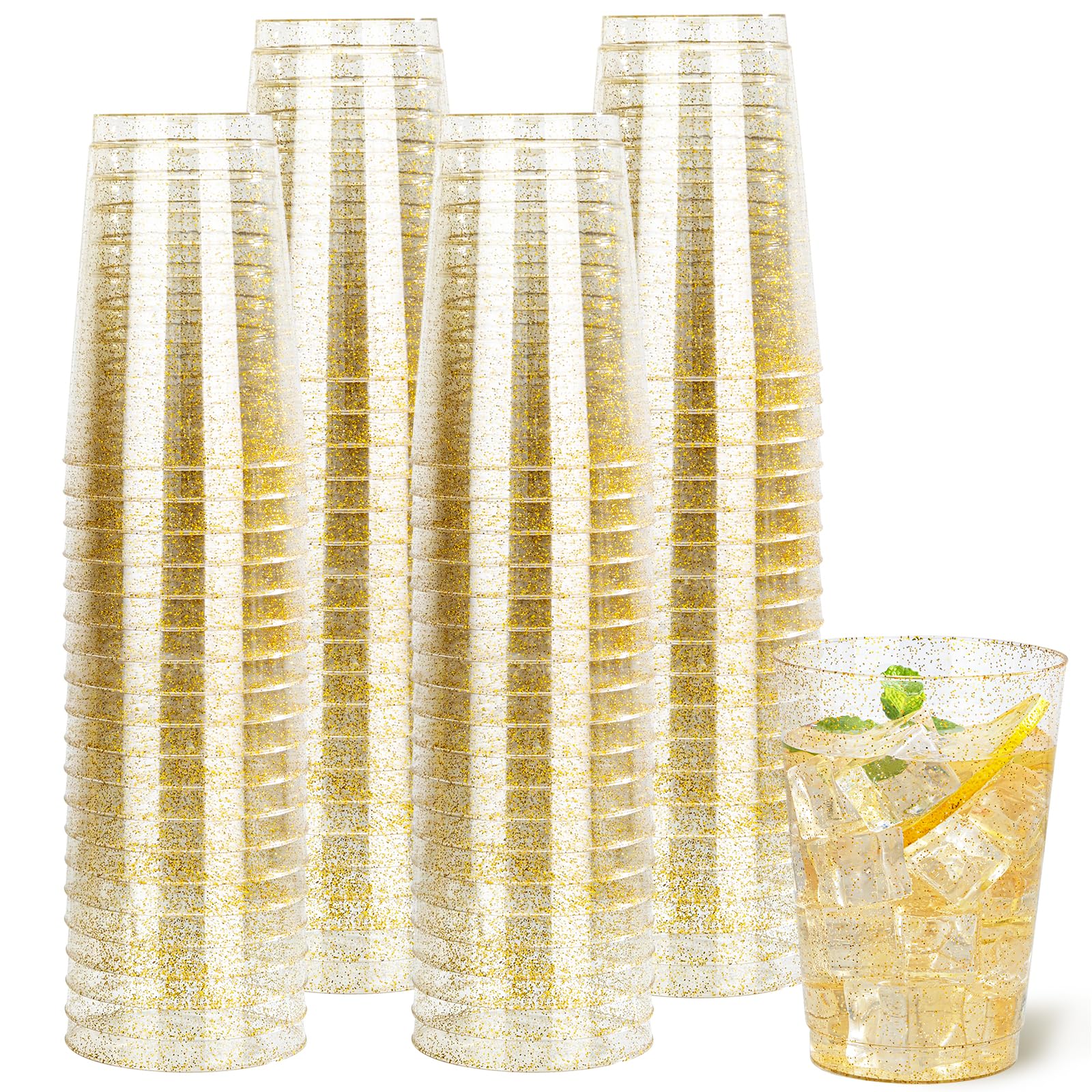 Photo 1 of I00000 50 Pack 12 oz Gold Glitter Plastic Cups, Clear Disposable Cups, Disposable Plastic Wine Glasses Cocktail Glasses Premium Cups, 12 Ounce Glitter Tumblers for Party & Wedding