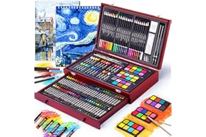 COOL BANK 145 Piece Deluxe Art Set with 2 x 50 Sheet Drawing Pad, Art Supplies Wooden Art Box, Drawing Painting Kit with Crayons, Oil Pastels, Colored Pencils, Creative Gift Box for Adults Artist Beginners
