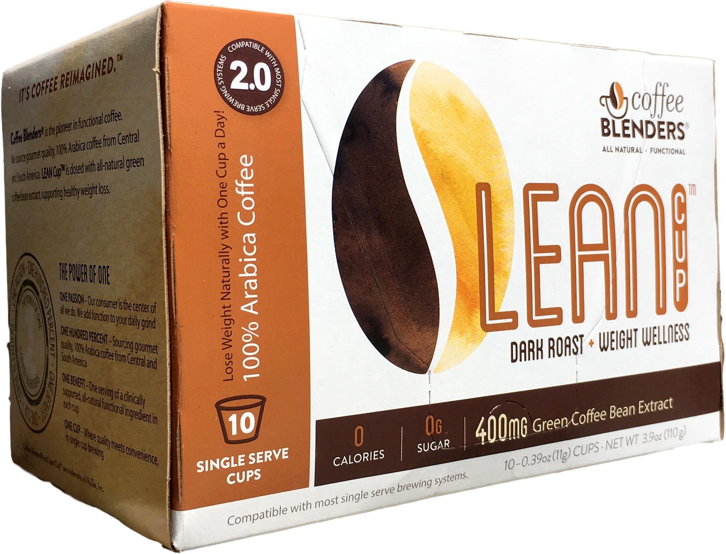 Coffee Blenders Lean 2.0 Single Serve Cups 10 Count with All Natural Green Bean Coffee Extract for Weight Loss