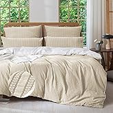 MILDLY Jacquard Stripe Duvet Cover - 100% Washed Cotton Khaki Boho Textured Comforter Cover Set with Zipper Closure 90"x90"
